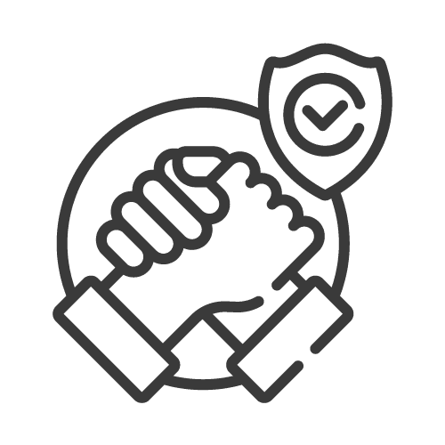 Outline of two hands shaking with a shield containing a checkmark, symbolizing trust or agreement.