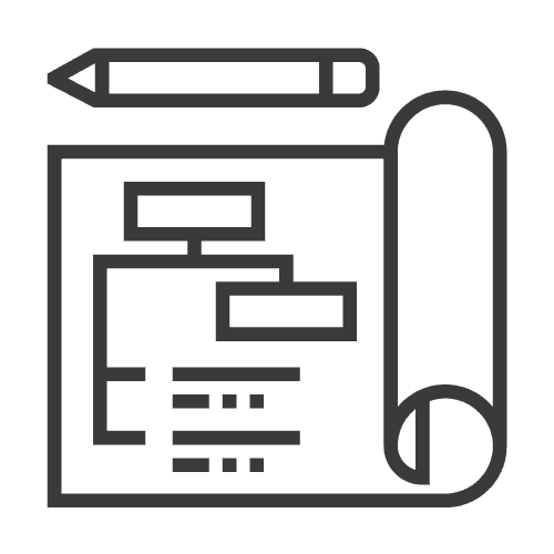 Icon of a pencil and a rolled-up blueprint with a diagram