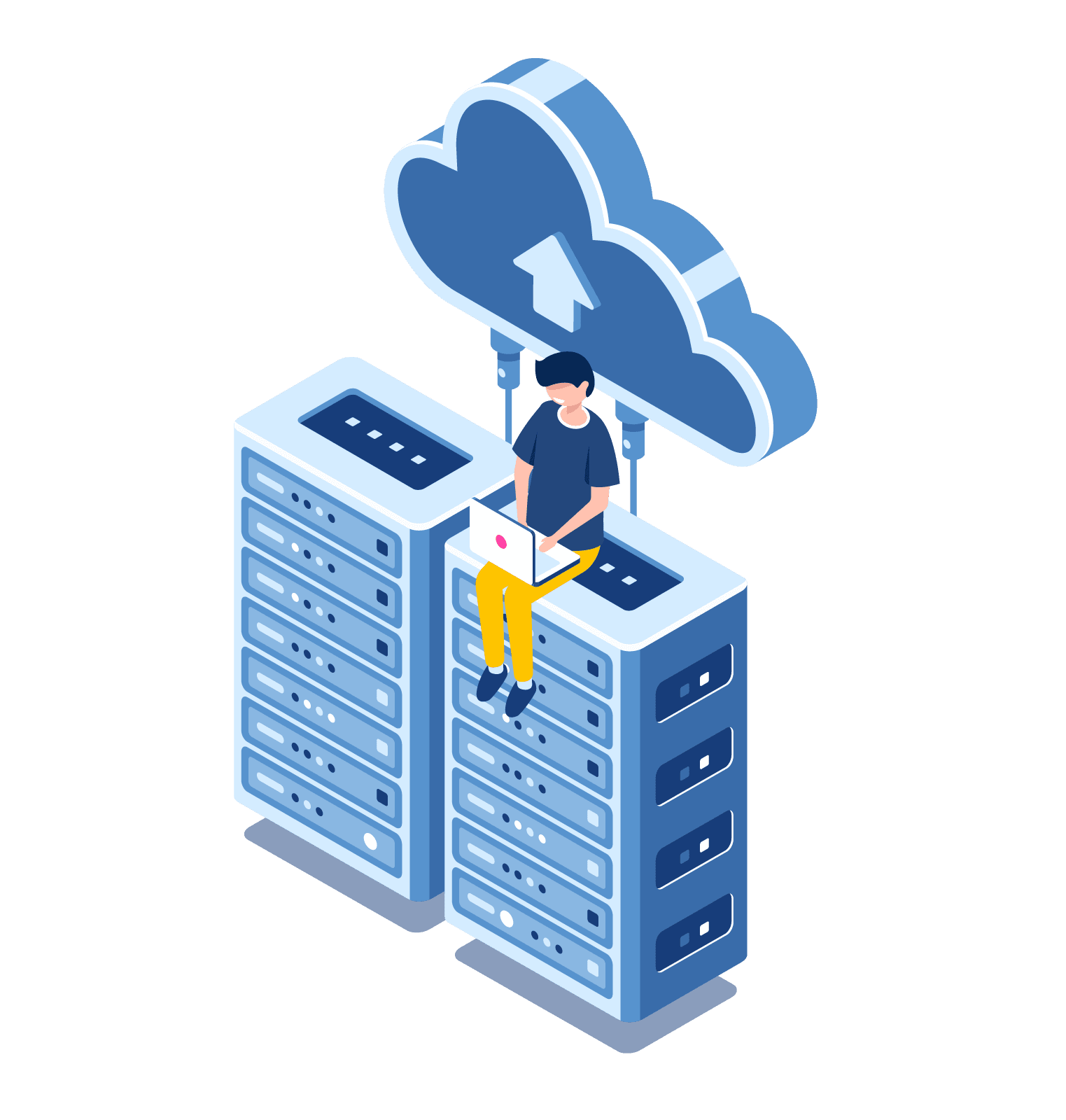 Isometric illustration of a person sitting on servers with cloud icon and laptop.