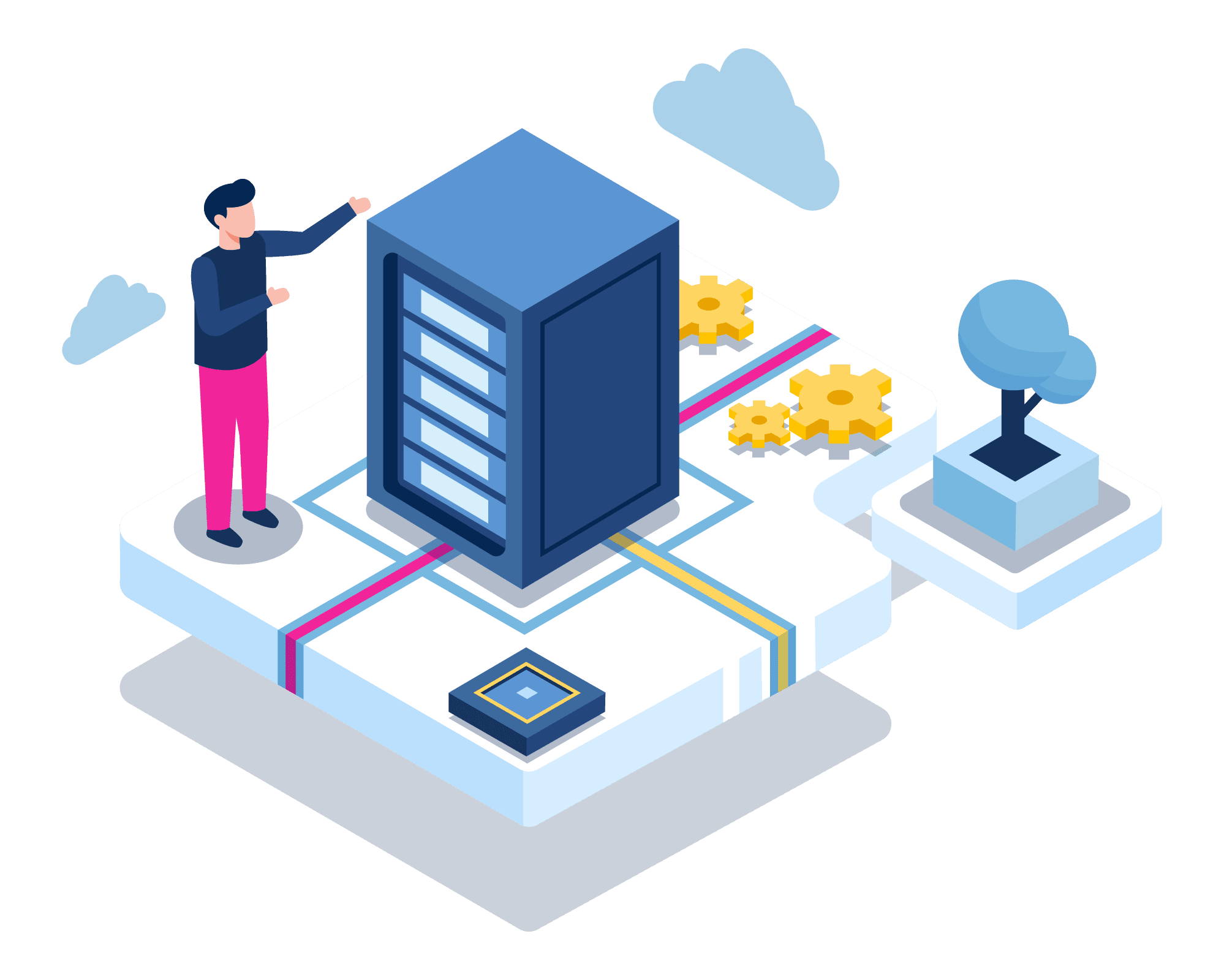Isometric illustration of a person interacting with a data server, surrounded by cloud icons, gears, and a tree, representing digital technology and cloud computing.