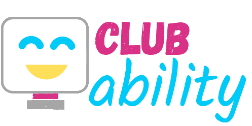 Logo of a smiling face with the words "Club Ability" in pink and blue letters.