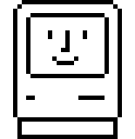 Pixelated drawing of an old Macintosh computer with a smiling face on the screen.