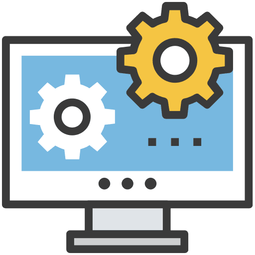 Computer monitor with gear icons representing system settings or configuration.