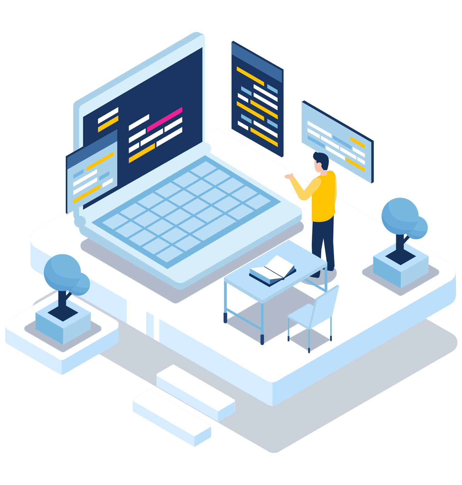 Illustration of a large laptop screen with code, a person standing, a desk, books, and potted plants, depicting a virtual workspace environment.