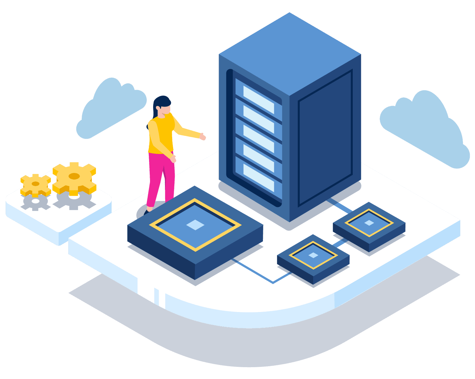 Isometric illustration of a person interacting with a server, gears, and cloud icons, representing data management or cloud computing.