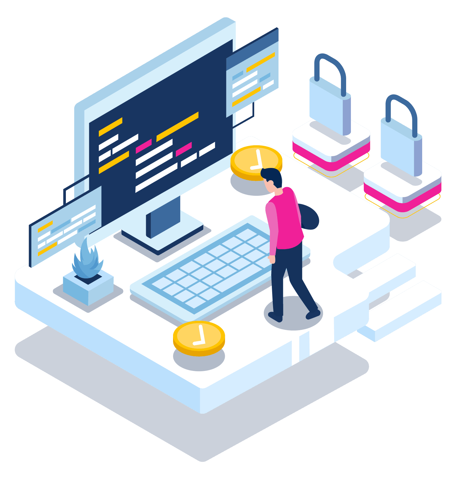 Isometric illustration of a person standing in front of a computer monitor displaying code. The scene includes floating digital screens, padlocks, and a clock, symbolizing cybersecurity and technology.