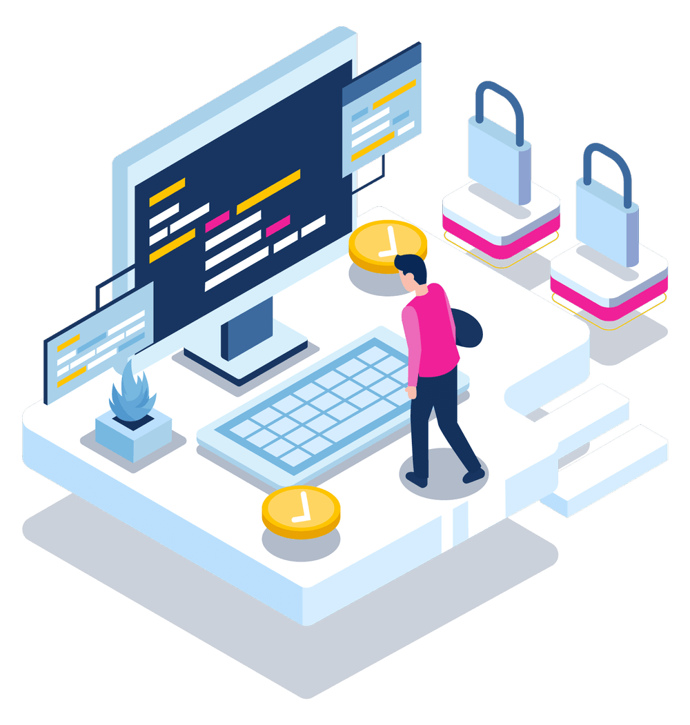 Illustration of a person standing on a digital platform with a large computer monitor displaying code. Surrounding elements include a keyboard, clocks, security padlocks, a digital fire, and additional screens displaying data panels.