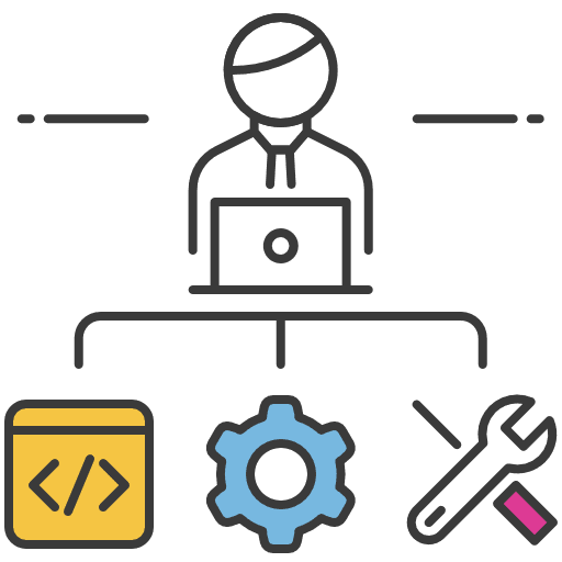 Illustration of a person with a laptop connected to coding, gear, and wrench icons, representing software development and engineering.
