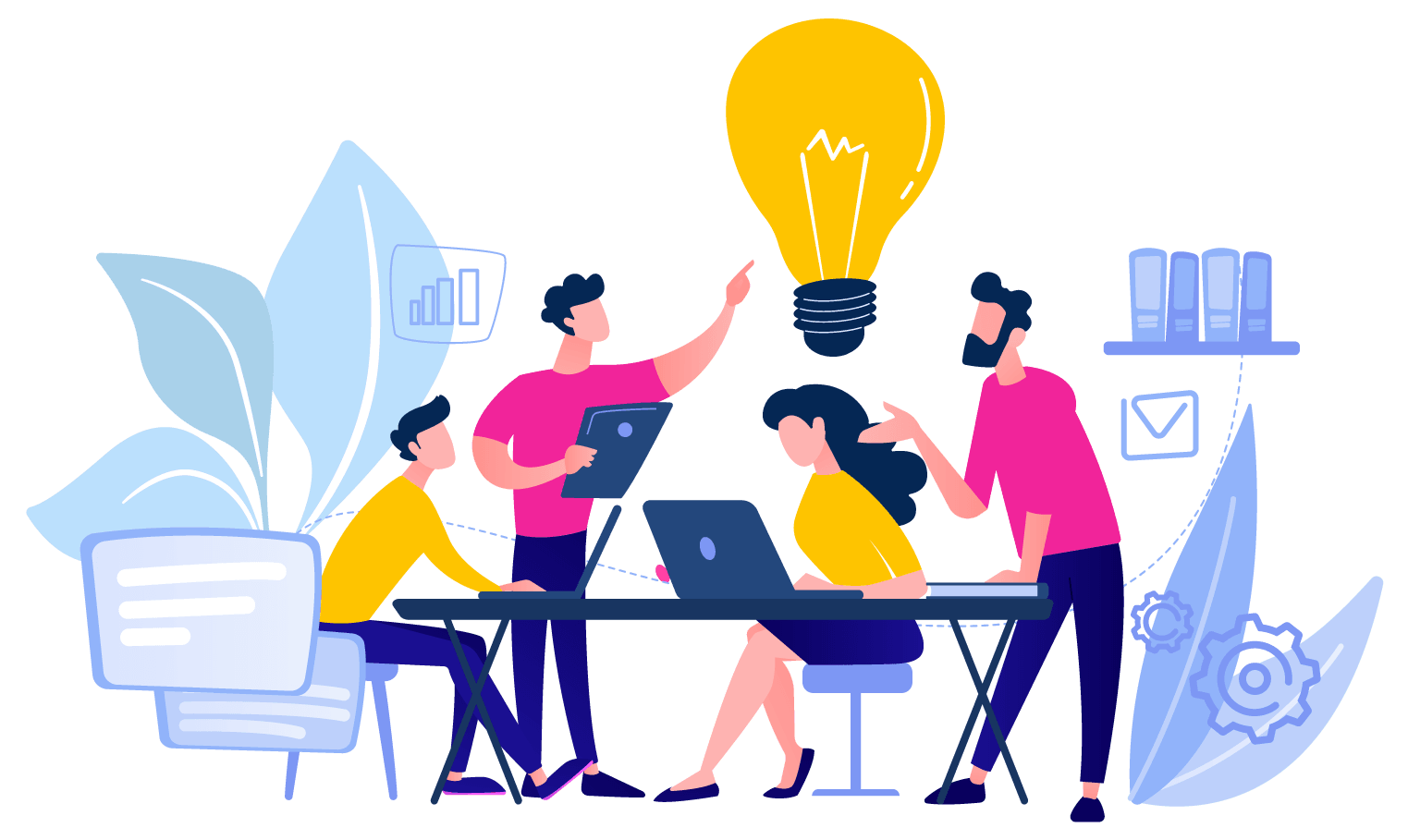 Illustration of four people collaborating at a table with laptops, a large light bulb above symbolizing an idea, graphs and gears in the background, and abstract plant shapes.