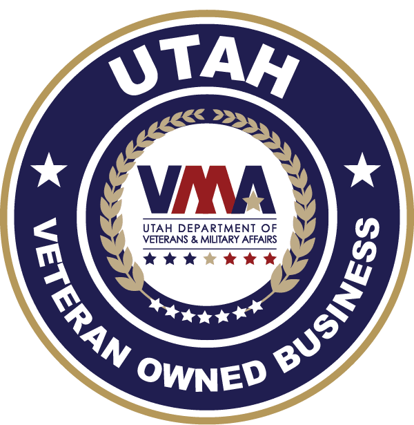Seal of Utah Veteran Owned Business, featuring Utah Department of Veterans & Military Affairs logo with stars and laurel wreath design.